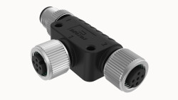 M12 B-KOD 5 PİN T DAĞITIM KONNEKTÖRÜ M12 5 PİN GİRİŞ BAĞLANTI UCU DİŞİ, M12 5 PİN ÇIKIŞ 1 BAĞLANTI UCU ERKEK, M12 5 PİN ÇIKIŞ 2 BAĞLANTI UCU DİŞİ DEGSON - DEGSON